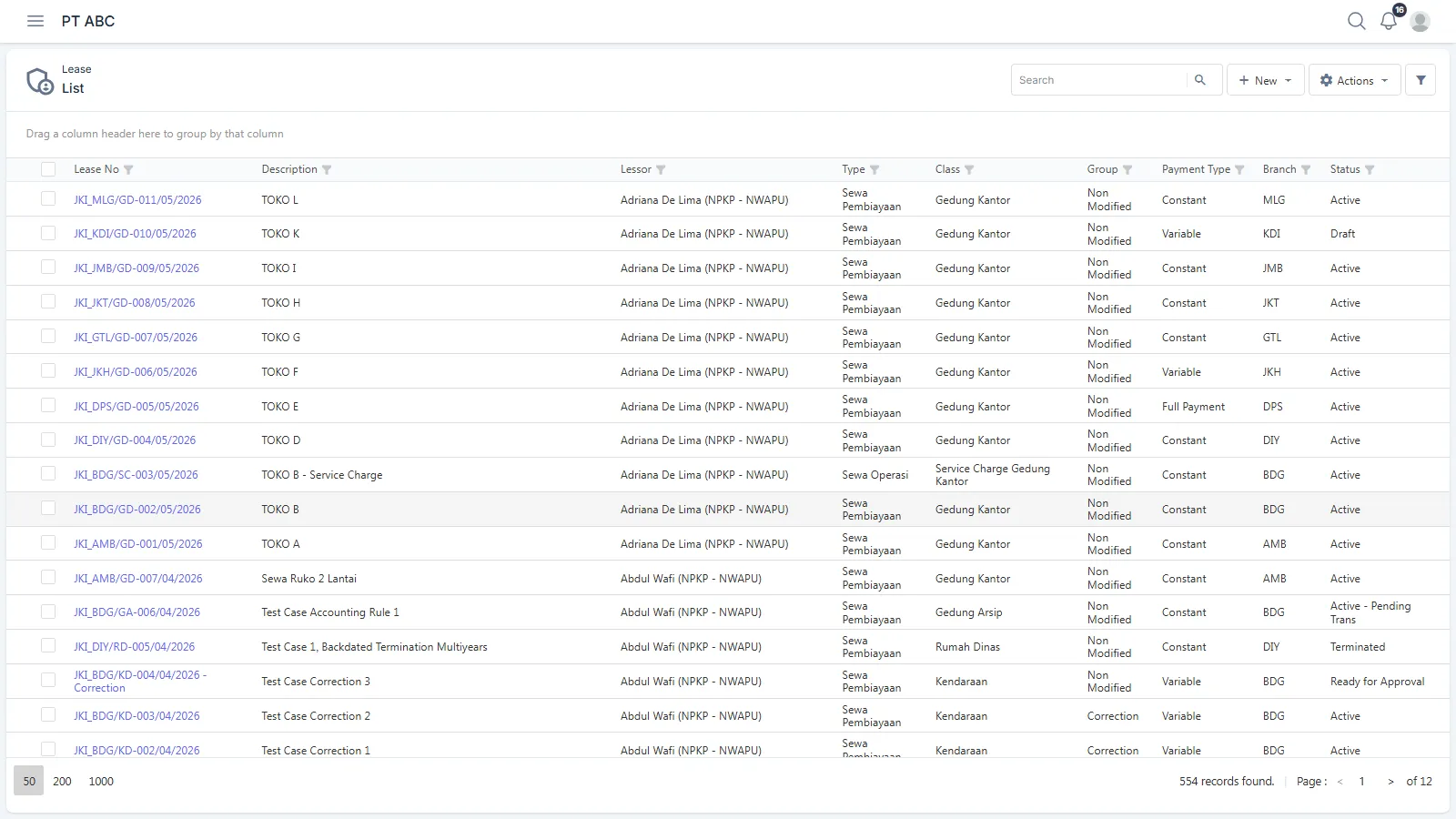 The Lease list page with Search, the New and Actions menus, and the filter