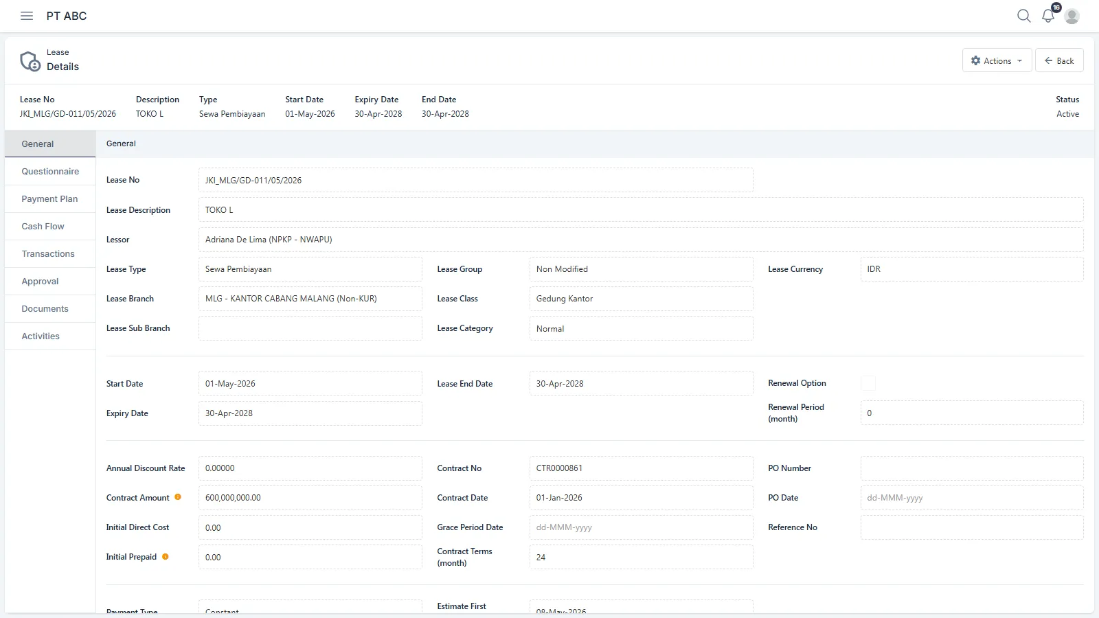 The General tab on the Lease screen, with the date fields and the contract values