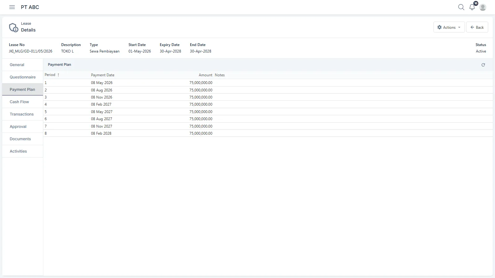 The Payment Plan tab, with its Period, Payment Date and Amount columns