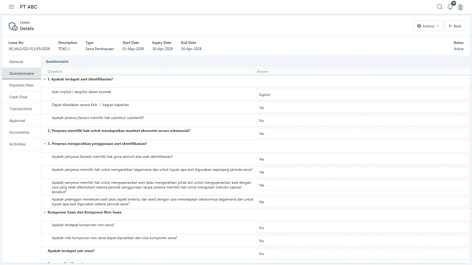 The Questionnaire tab on the Lease screen, showing the Indonesian-language classification questions